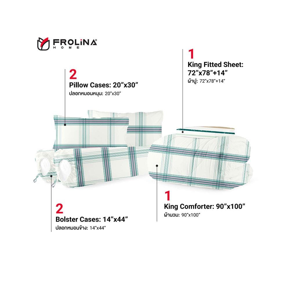 ชุดผ้าปูที่นอน 6 ฟุต 6 ชิ้น FROLINA MICROTEX DF027 สีเขียว
