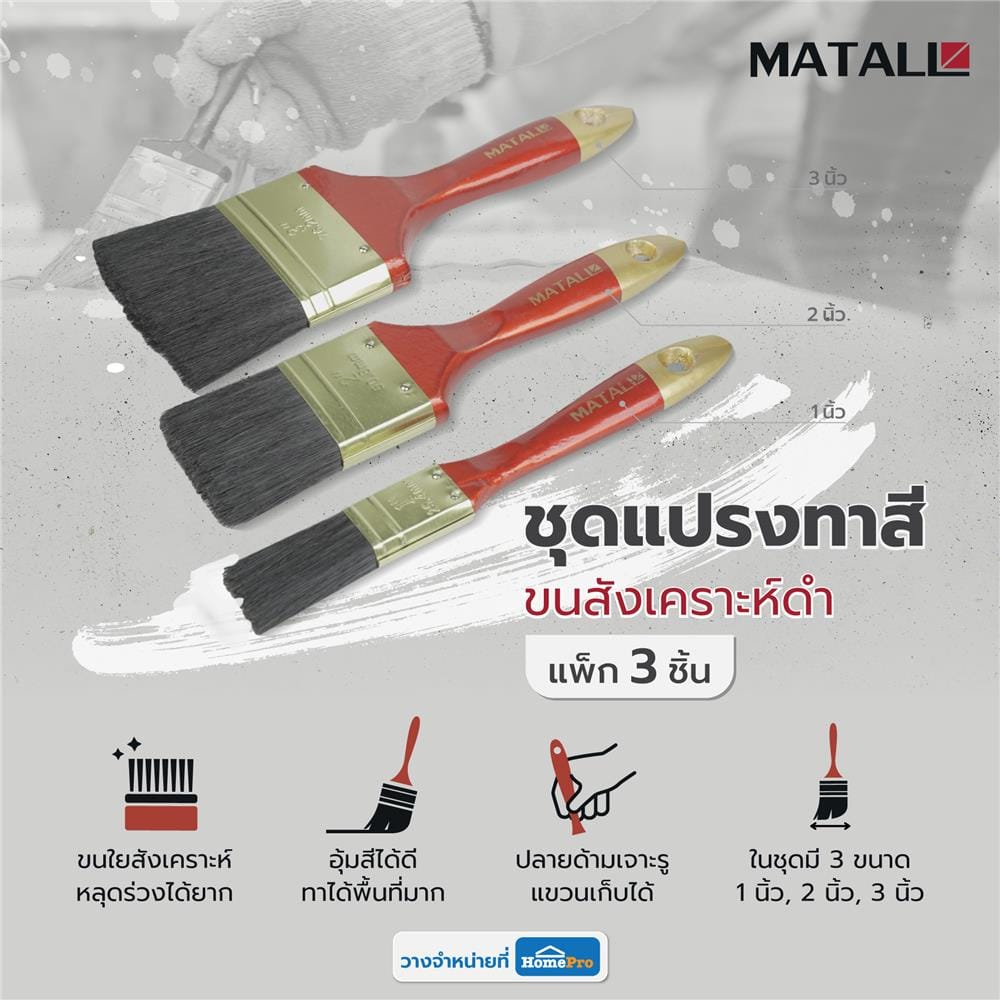 ชุดแปรงทาสีขนสังเคราะห์ดำ MATALL แพ็ก 3 ชิ้น