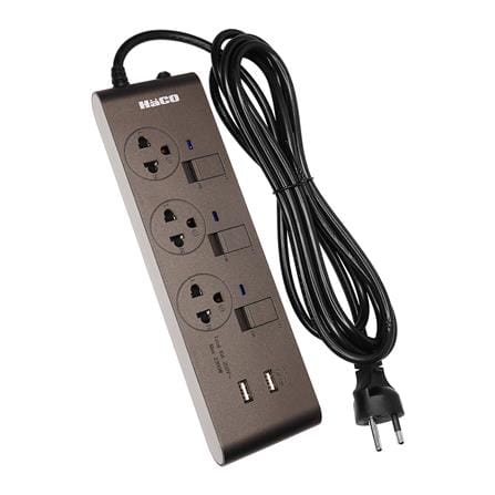 รางปลั๊กไฟ 3 ช่อง 3 สวิตช์ 2 USB HACO-EJ-3S3EBUSB/3-CC 10A 3 ม. สีช็อกโก_1