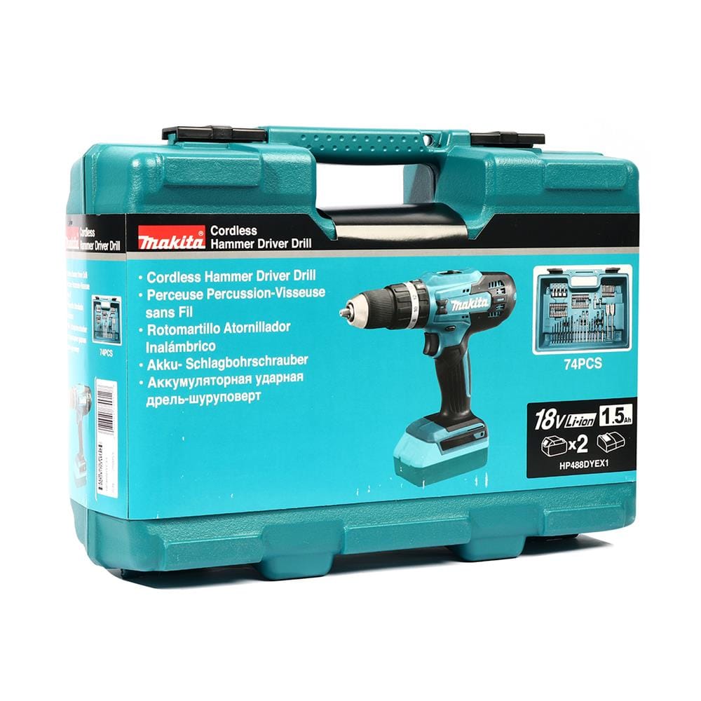 สว่านกระแทกไร้สาย MAKITA HP488DYEX1 18 โวลต์ พร้อมชุดอุปกรณ์เสริม (แพ็ก 74 ชิ้น)