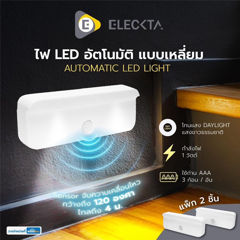 ไฟ LED อัตโนมัติ แบบเหลี่ยม ELECKTA 1 วัตต์ แสงขาว แพ็ก 2 ชิ้น