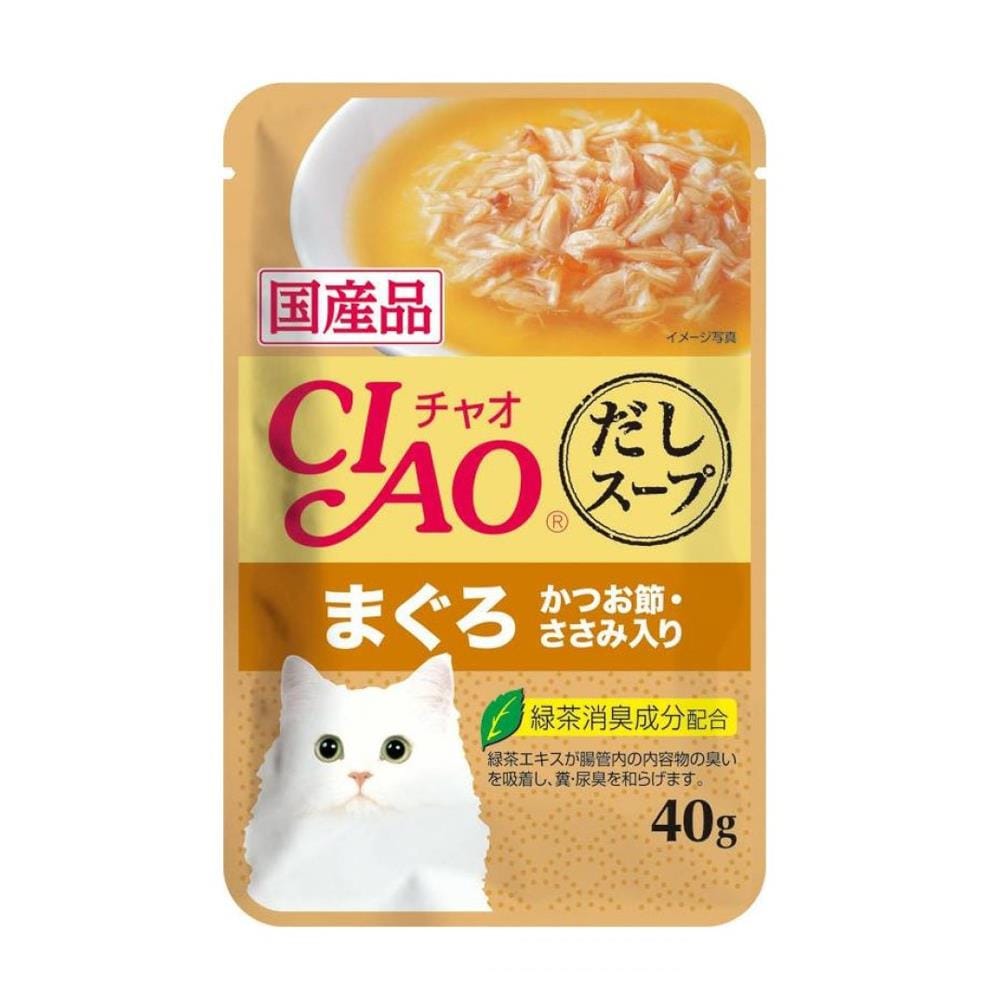 อาหารเปียกแมว CIAO POUCH SOUP TUNA KATSUO CHICKEN FILLET TOPPING DRIED BONITO 40 ก.