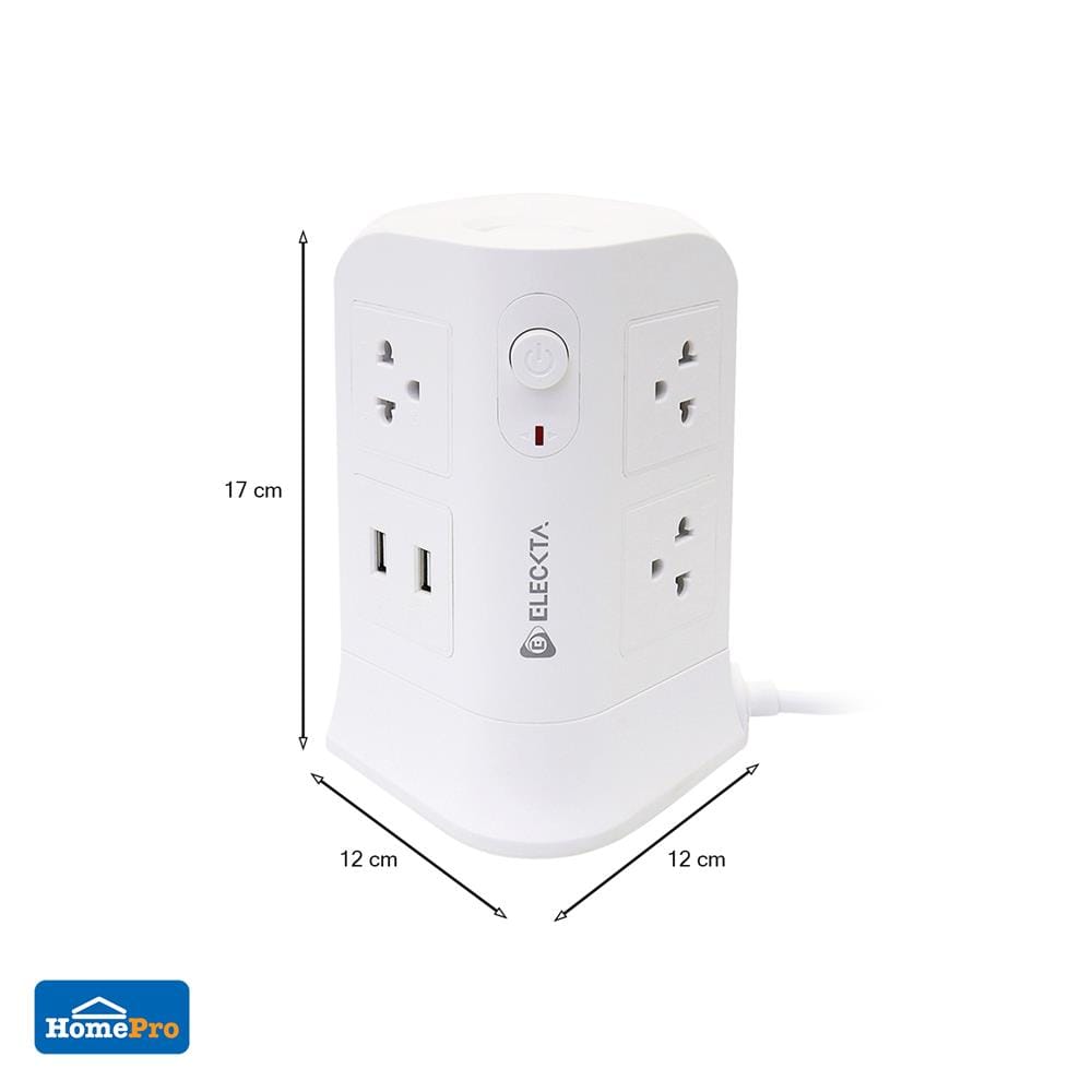 รางปลั๊กไฟทาวเวอร์ 6 ช่อง 2 สวิตช์ 4 USB ELECKTA 3 ม. สีขาว