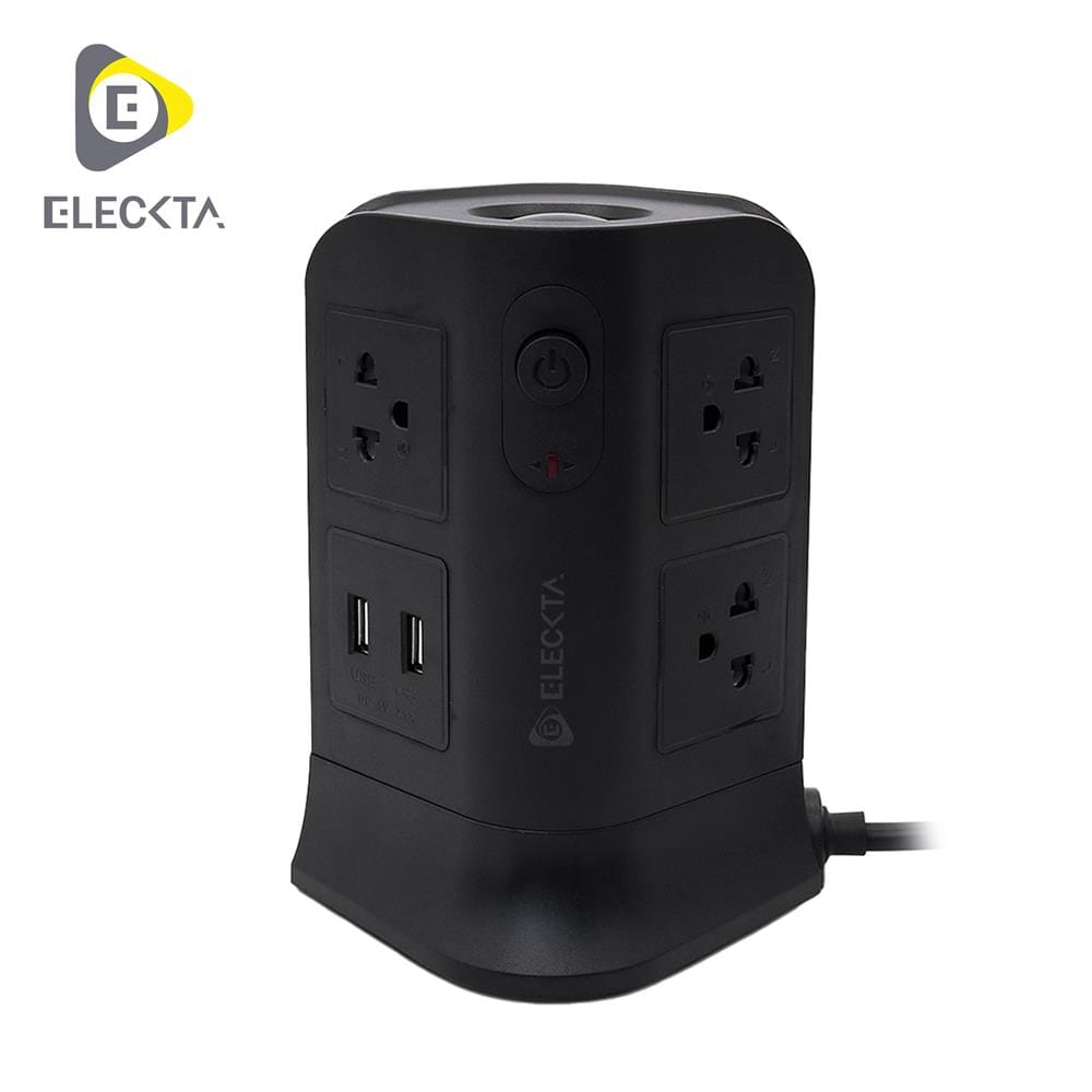 รางปลั๊กไฟทาวเวอร์ 6 ช่อง 2 สวิตช์ 4 USB ELECKTA 3 ม. สีดำ