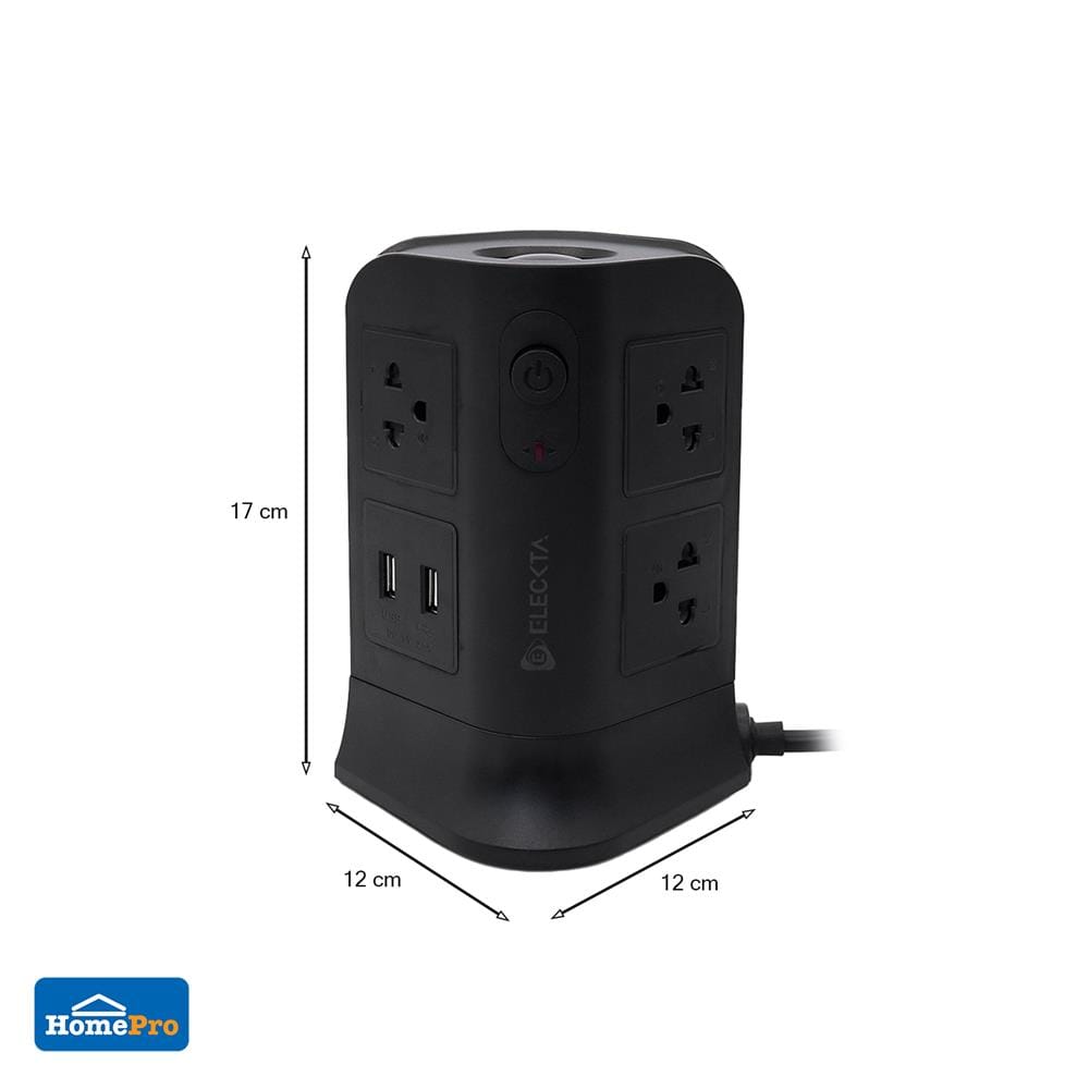 รางปลั๊กไฟทาวเวอร์ 6 ช่อง 2 สวิตช์ 4 USB ELECKTA 3 ม. สีดำ