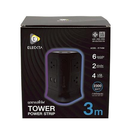 รางปลั๊กไฟทาวเวอร์ 6 ช่อง 2 สวิตช์ 4 USB ELECKTA 3 ม. สีดำ_2