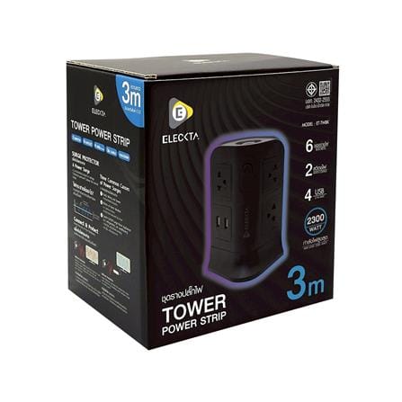 รางปลั๊กไฟทาวเวอร์ 6 ช่อง 2 สวิตช์ 4 USB ELECKTA 3 ม. สีดำ_3
