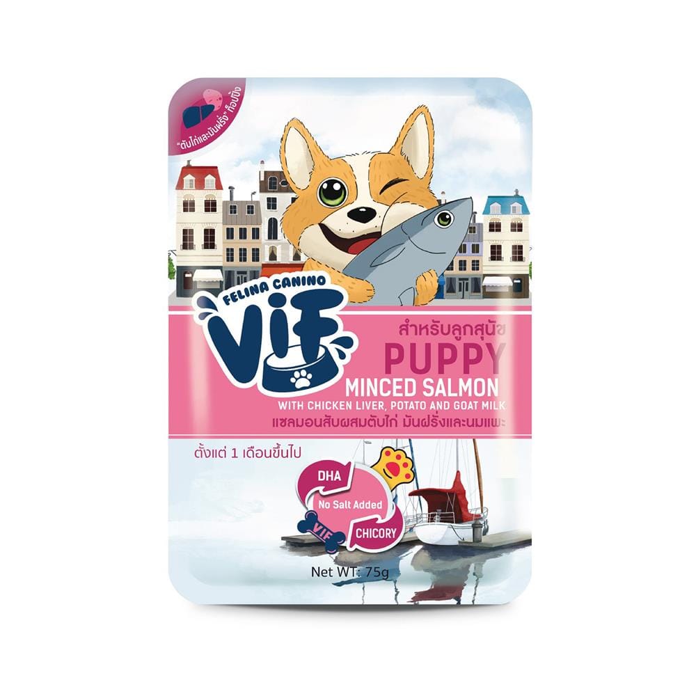 อาหารเปียกสุนัข VIF P4 MINCED SALMON AND GOAT MILK 75 ก.
