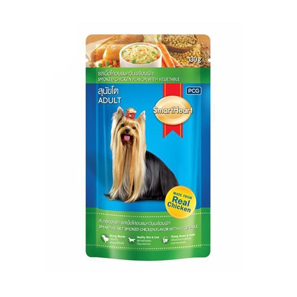 อาหารเปียกสุนัข SMARTHEART ADULT รสเนื้อไก่อบรมควันพร้อมผัก 130 ก.