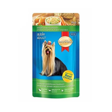 อาหารเปียกสุนัข SMARTHEART ADULT รสเนื้อไก่อบรมควันพร้อมผัก 130 ก.
