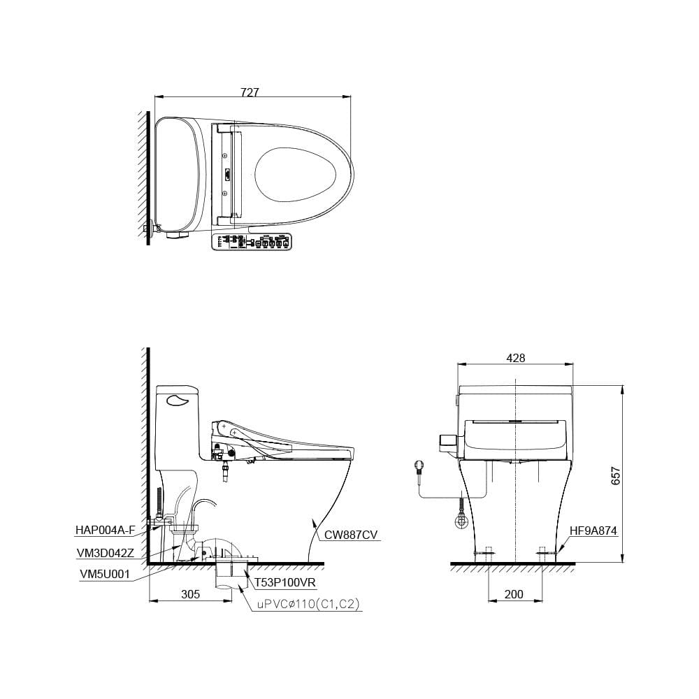 สุขภัณฑ์ 1 ชิ้น พร้อมฝาอัตโนมัติ TOTO CW887UW2R 4.8 ลิตร