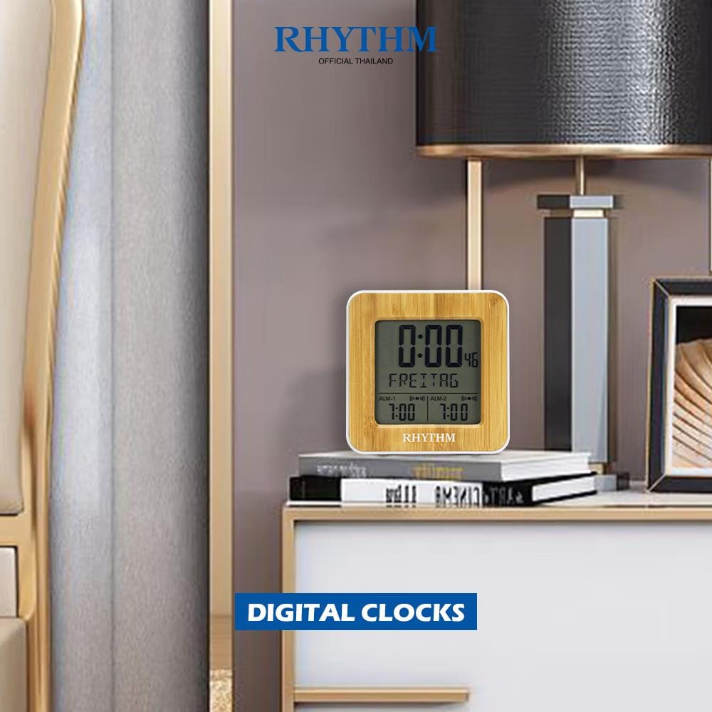 นาฬิกาตั้งโต๊ะดิจิทัล RHYTHM LCT085NR03 2.5X2.5 นิ้ว สีขาว