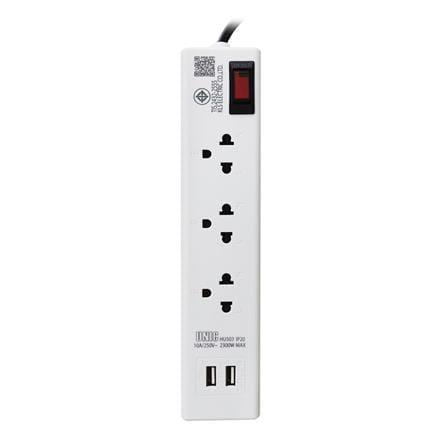 รางปลั๊กไฟหัวปลั๊กงอ 3 ช่อง 1 สวิตซ์ 2 USB UNIC H503 10 แอมป์ 2300 วัตต์ 3 เมตร สีขาว