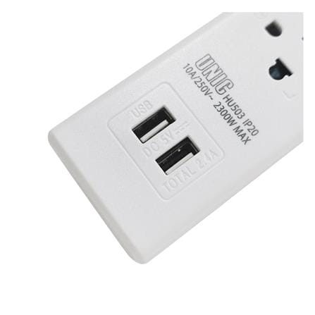 รางปลั๊กไฟหัวปลั๊กงอ 3 ช่อง 1 สวิตซ์ 2 USB UNIC H503 10 แอมป์ 2300 วัตต์ 3 เมตร สีขาว_2