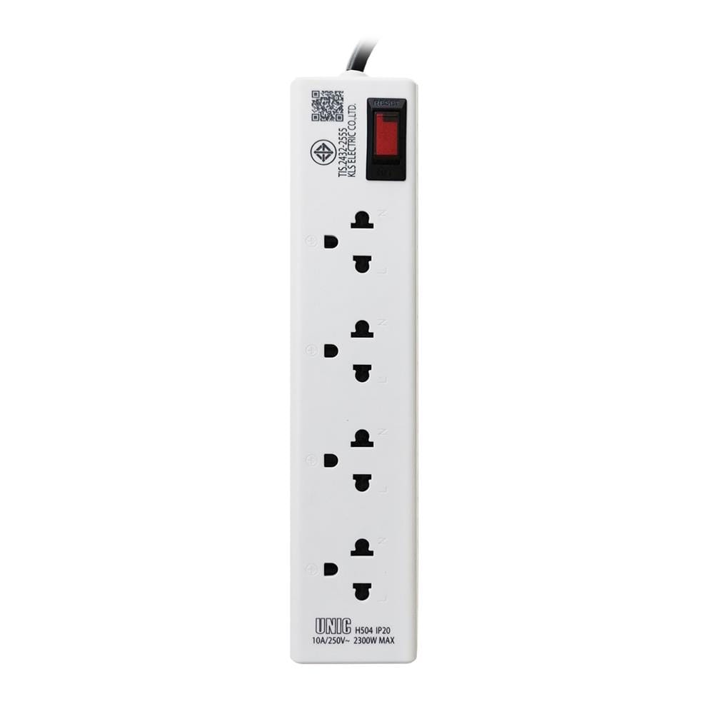 รางปลั๊กไฟหัวปลั๊กงอ 4 ช่อง 1 สวิตซ์ UNIC H504 10 แอมป์ 2300 วัตต์ 3 เมตร สีขาว