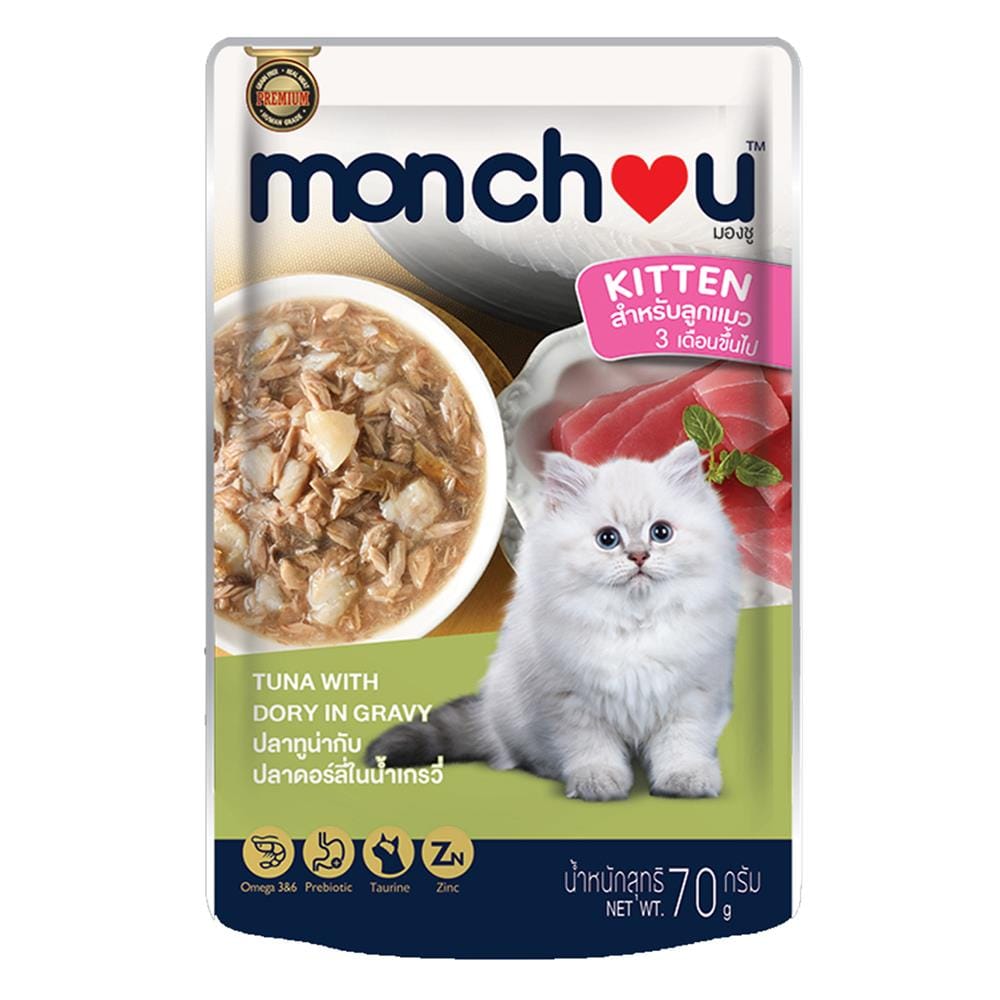 อาหารเปียกแมว MONCHOU ปลาทูน่ากับดอร์ลี่ในน้ำเกรวี่ 70 ก.