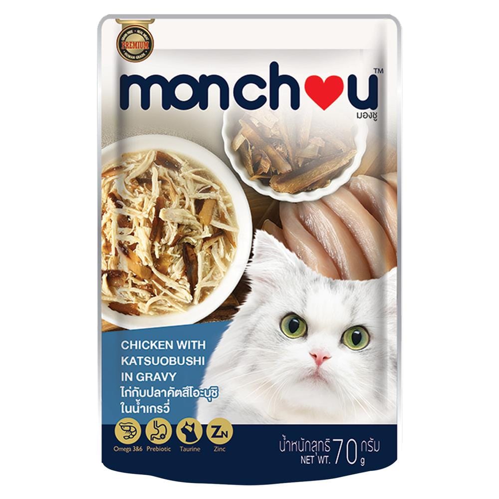 อาหารเปียกแมว MONCHOU ไก่กับปลาคัตสึโอะบุชิในน้ำเกรวี่ 70 ก.