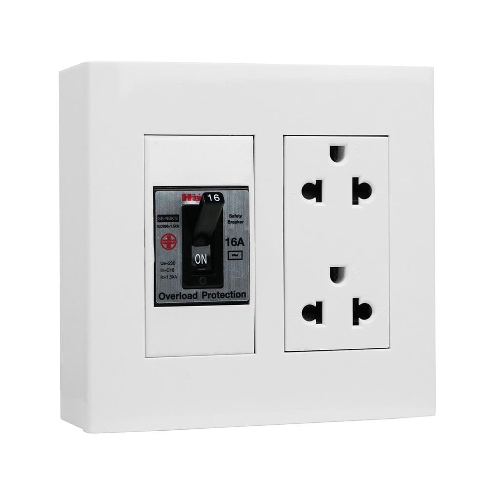 ชุดเต้ารับคู่ 3 ขา พร้อมเซฟตี้เบรคเกอร์ HACO DECO 16 แอมป์ สีขาว