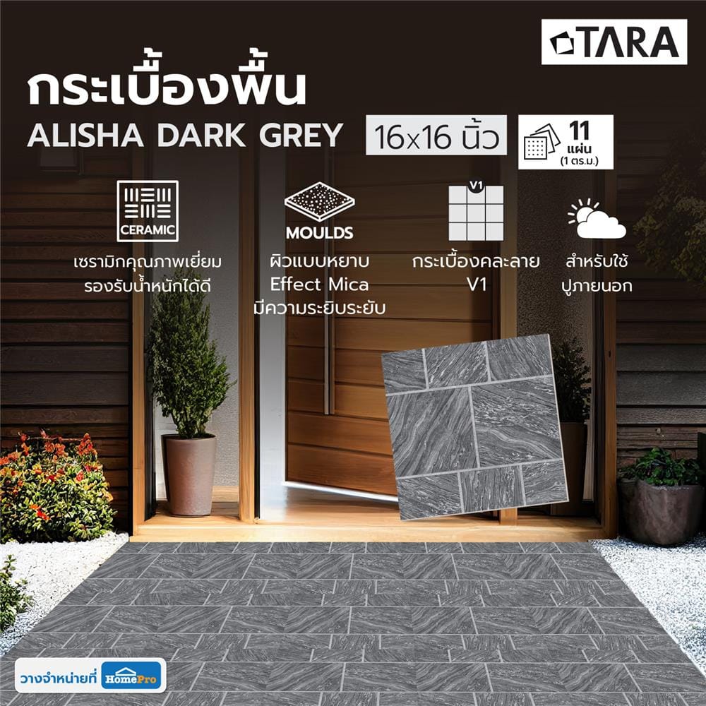 กระเบื้องพื้น 16x16 นิ้ว TARA อลิชา เทาเข้ม PM 0.96 ตร.ม.