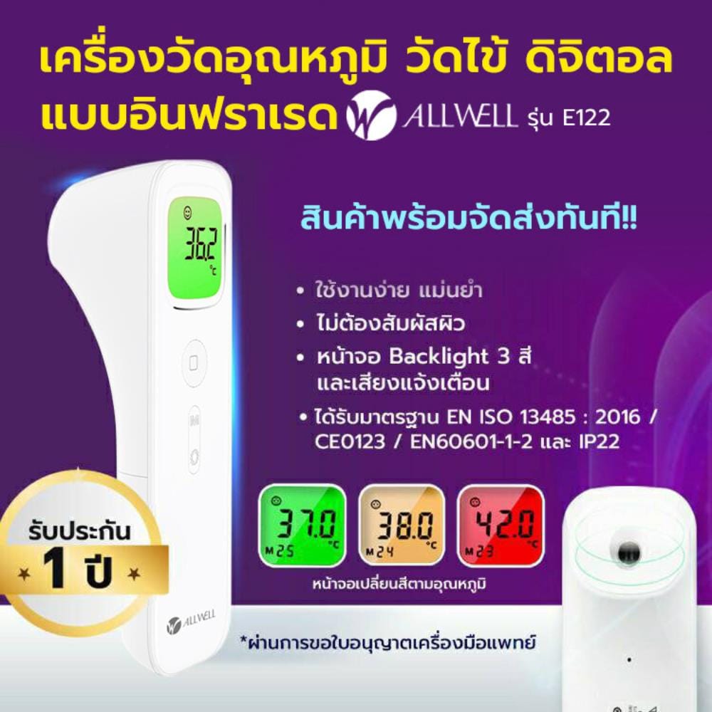 เครื่องวัดอุณหภูมิร่างกาย หน้าจอเปลี่ยนสีตามอุณหภูมิ ALLWELL E122 สีขาว_1