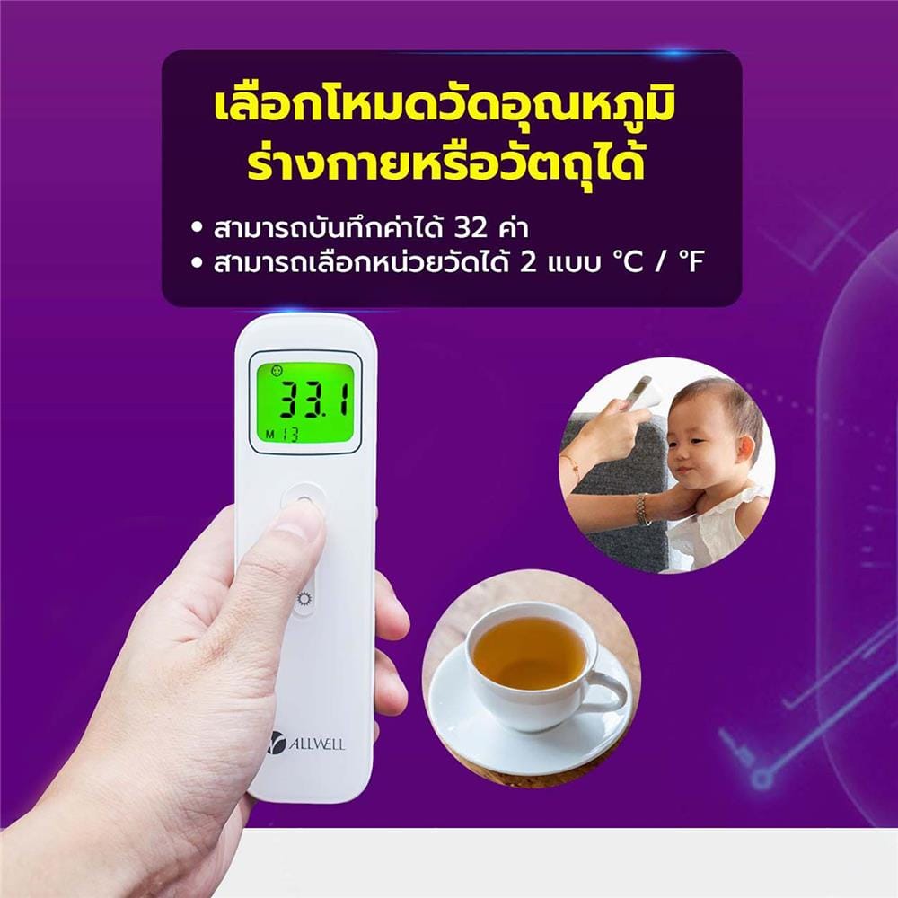 เครื่องวัดอุณหภูมิร่างกาย หน้าจอเปลี่ยนสีตามอุณหภูมิ ALLWELL E122 สีขาว_2