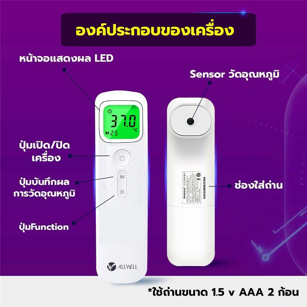 เครื่องวัดอุณหภูมิร่างกาย หน้าจอเปลี่ยนสีตามอุณหภูมิ ALLWELL E122 สีขาว_4