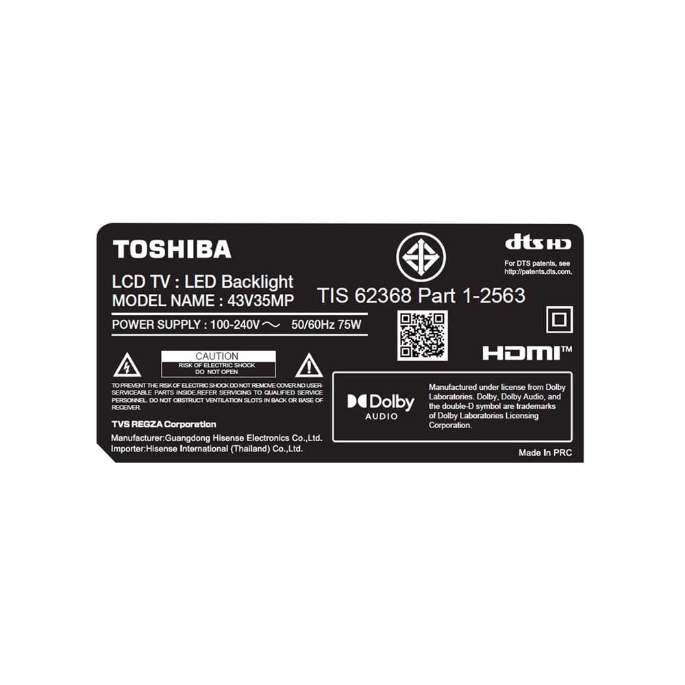 ทีวีแอลอีดี 43 นิ้ว TOSHIBA (FULL HD, LED, ANDROID TV) 43V35MP