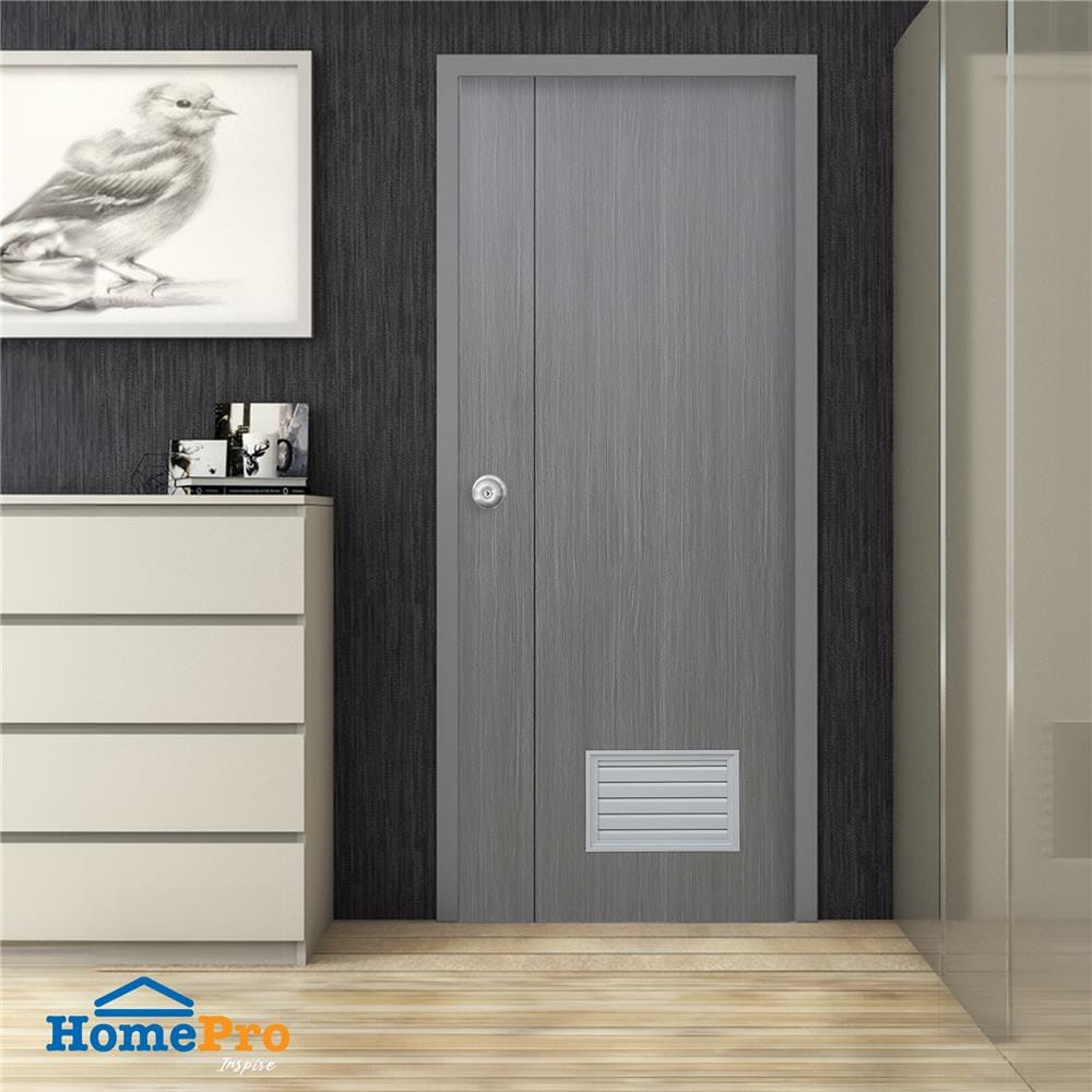ประตูห้องน้ำ UPVC AZLE GROOVE P3 เกล็ดล่าง 70X200 ซม. สี GREY OAK เจาะลูกบิด