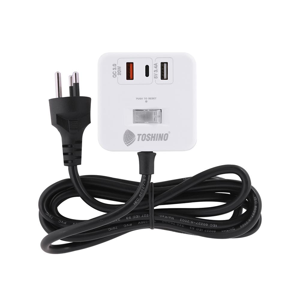 รางปลั๊กไฟ 4 ช่อง 1 สวิตซ์ 2 USB 3.4A 1 TYPE C TOSHINO 1PD20W 10 แอมป์ 2300 วัตต์ 2 เมตร สีขาว