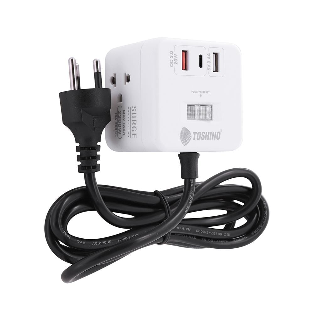 รางปลั๊กไฟ 4 ช่อง 1 สวิตซ์ 2 USB 3.4A 1 TYPE C TOSHINO 1PD20W 10 แอมป์ 2300 วัตต์ 2 เมตร สีขาว