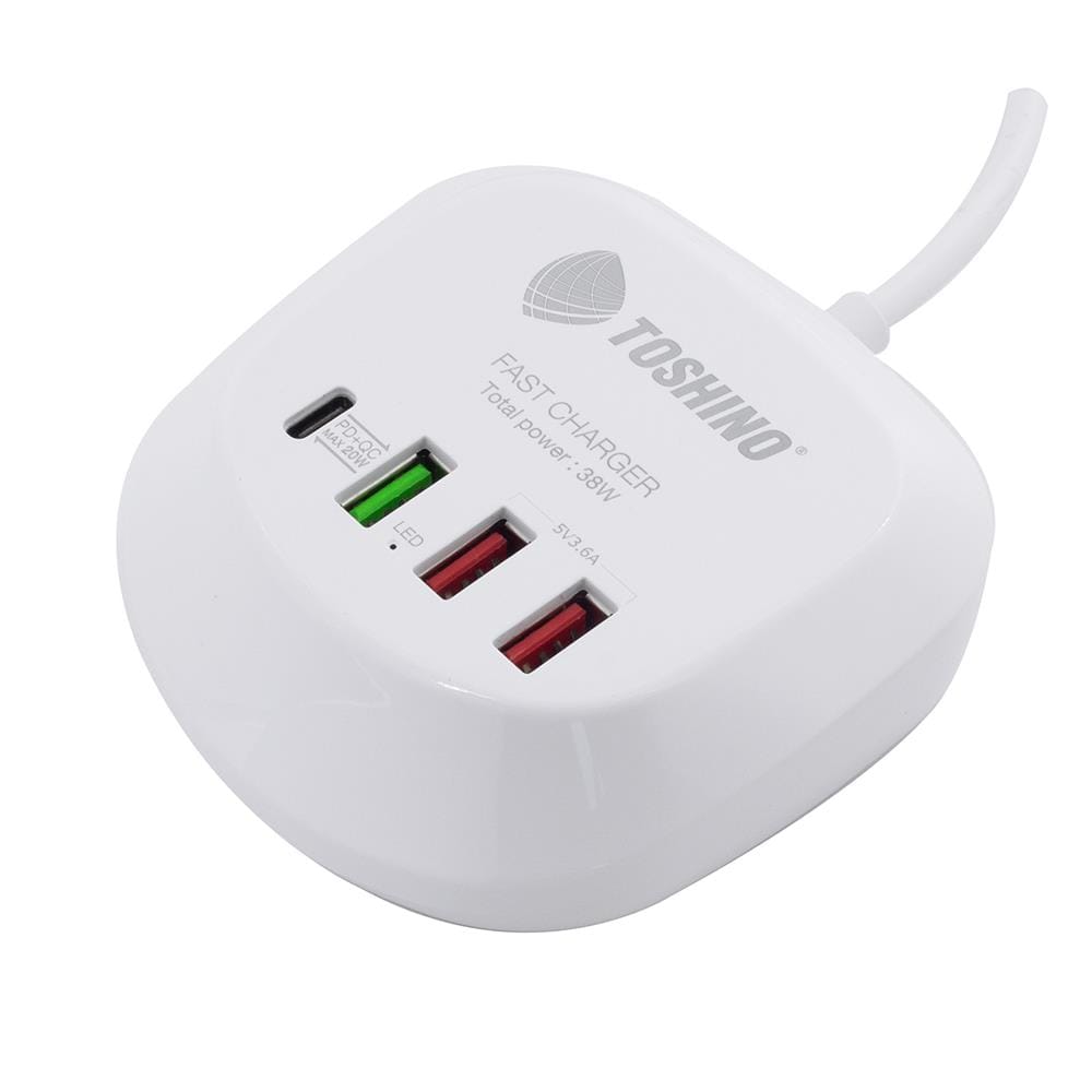 ช่องจ่ายไฟ 3 USB 1 TYPE-C TOSHINO 1.2 เมตร สีขาว