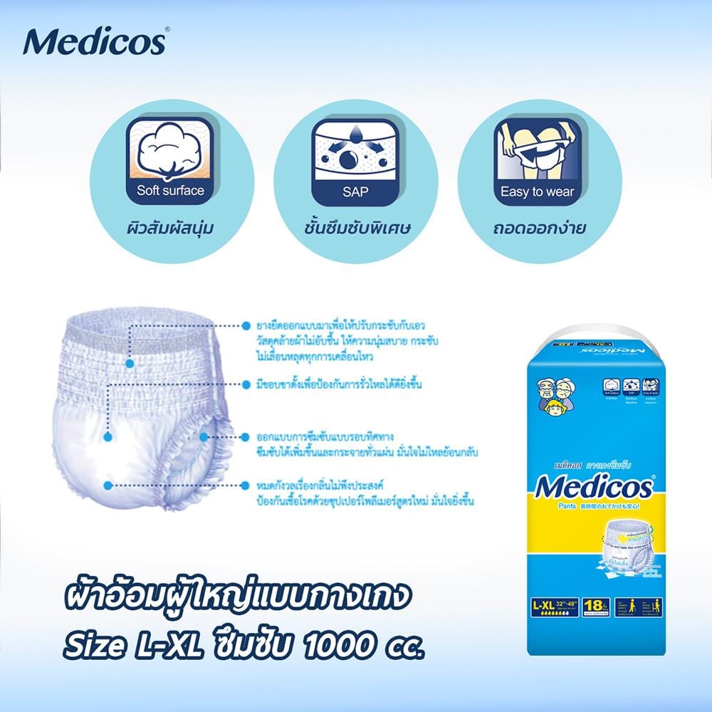 ผ้าอ้อมผู้ใหญ่กางเกง MEDICOS ไซซ์ L-XL 18 ชิ้น X 1 แพ็ค_3