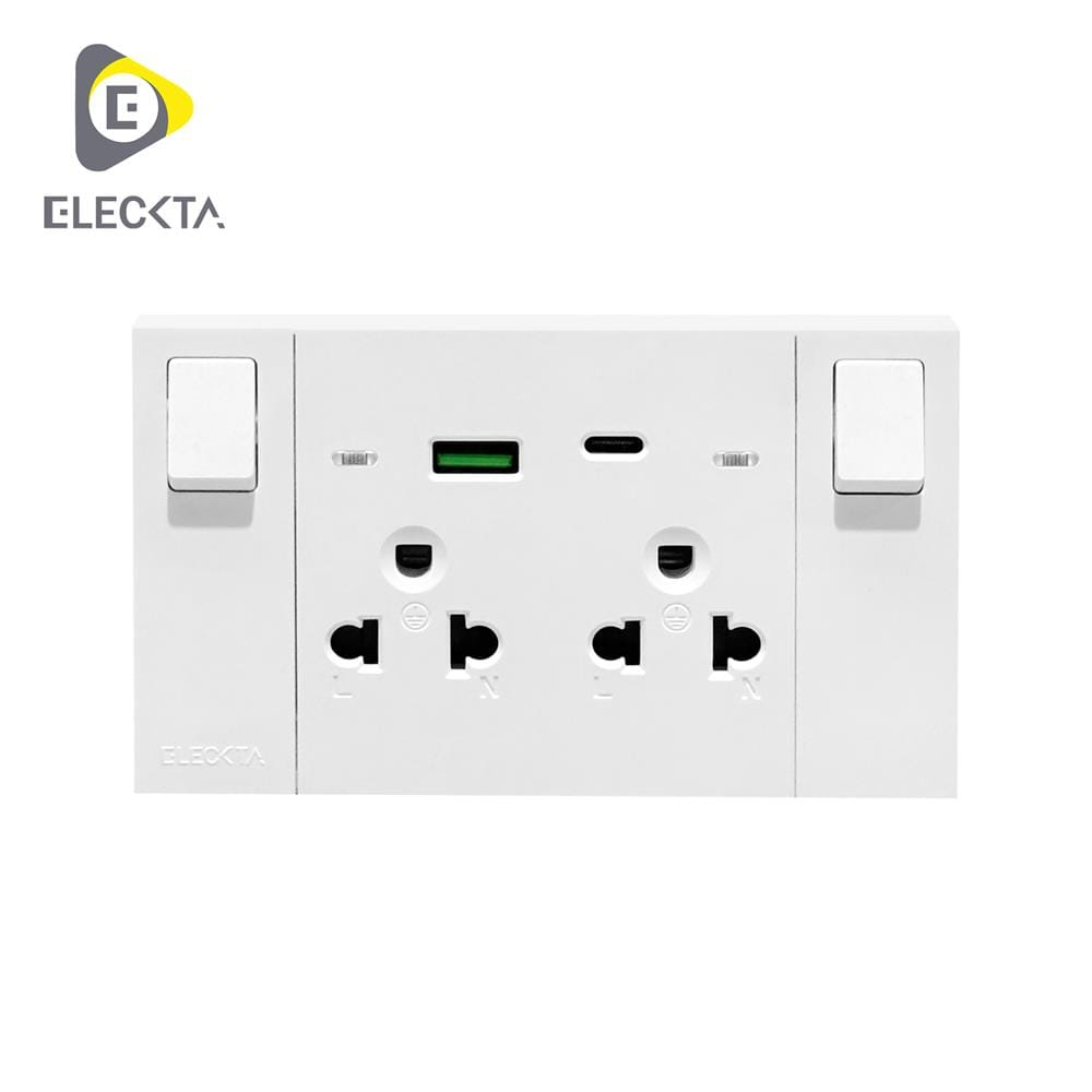 ชุดเต้ารับคู่ 3 ขา มีสวิตช์คุม พร้อมช่อง USB AC ELECKTA VERVE สีขาว_0