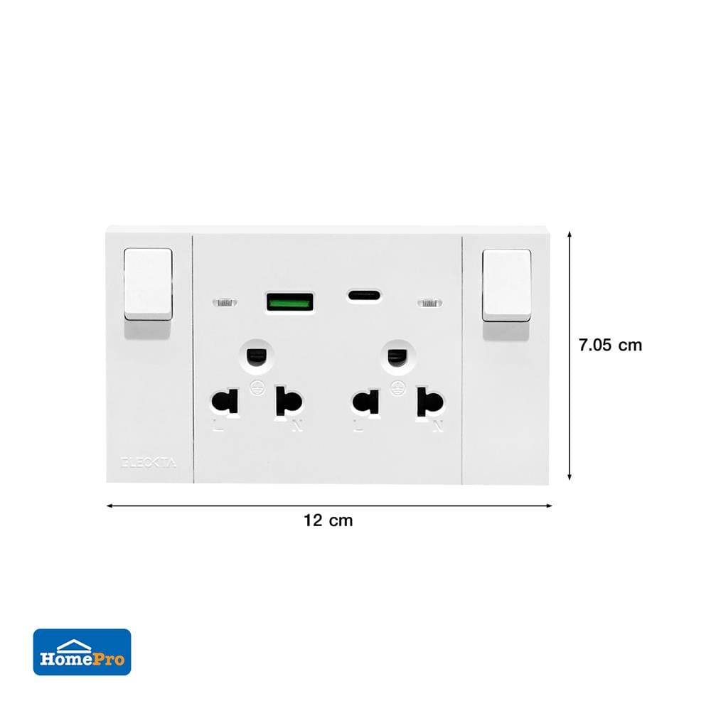 ชุดเต้ารับคู่ 3 ขา มีสวิตช์คุม พร้อมช่อง USB AC ELECKTA VERVE สีขาว