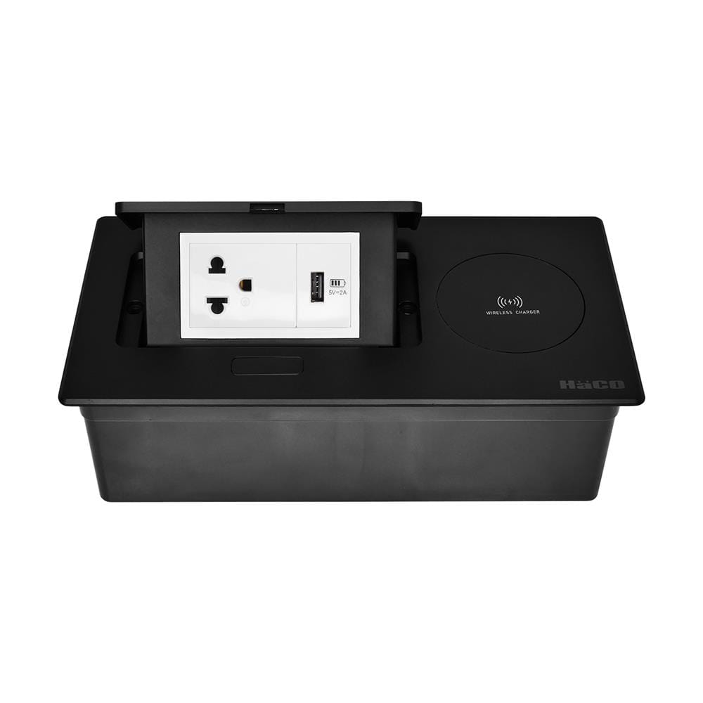 ชุดเต้ารับ 3 ขาฝังโต๊ะพร้อมแท่นชาร์จไร้สาย 10 วัตต์ HACO HTT-207W/T-E1USB สีดำ_1