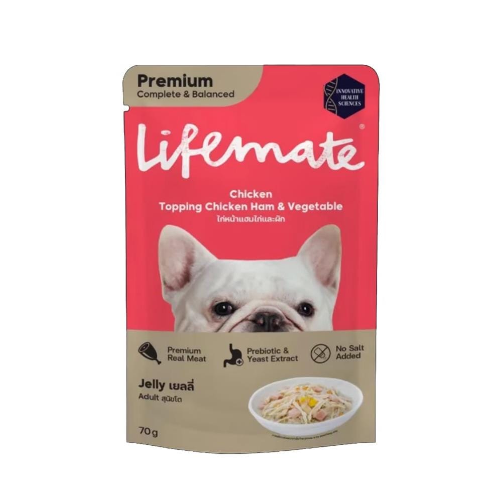 อาหารเปียกสุนัข LIFEMATE CHICKEN TOP CHICKEN HAM VEGETABLE IN JELLY 70 ก.
