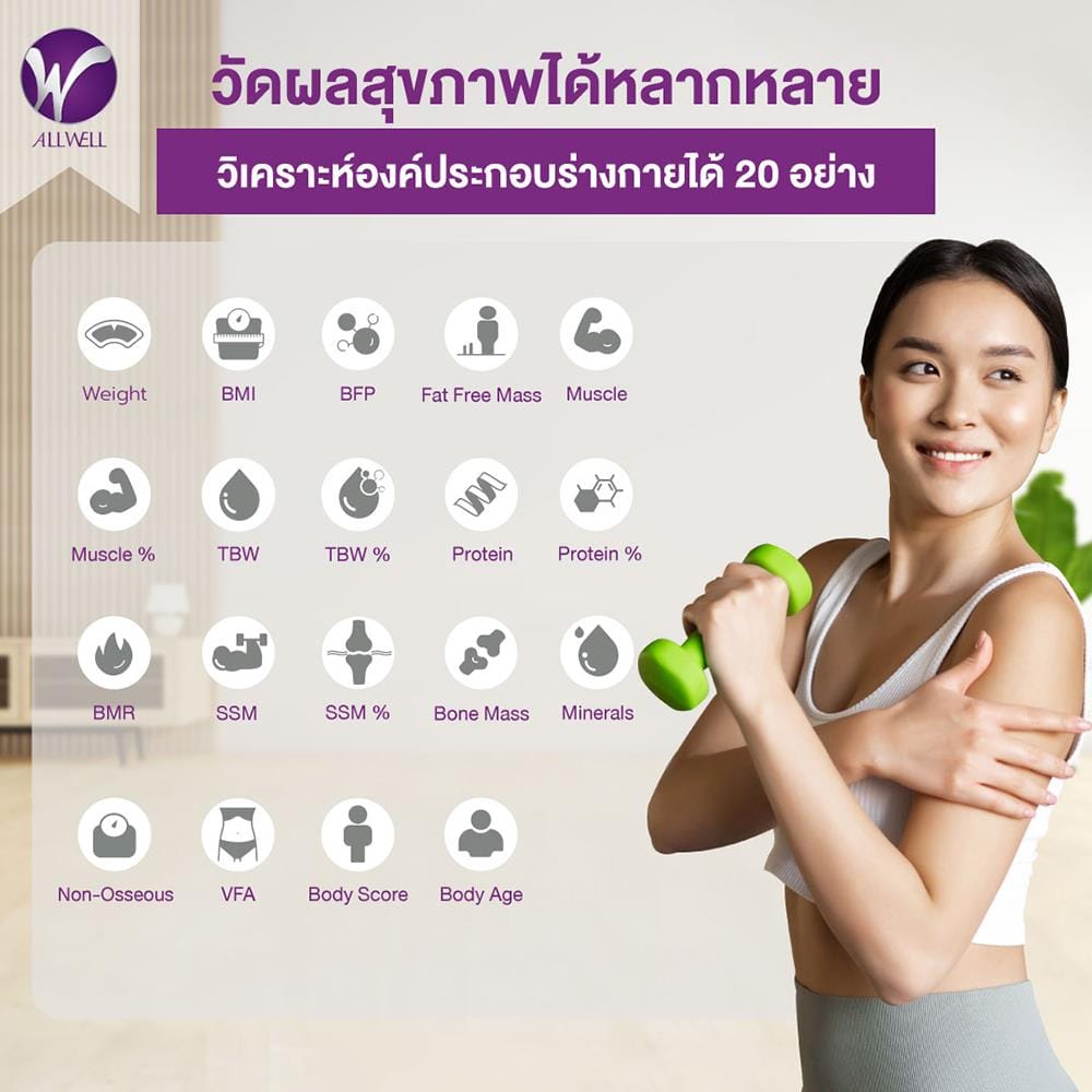 เครื่องชั่งน้ำหนัก เชื่่อมแอปได้ วัดได้ 20 ค่า ALLWELL รุ่น BodyA-1B สีขาว_5