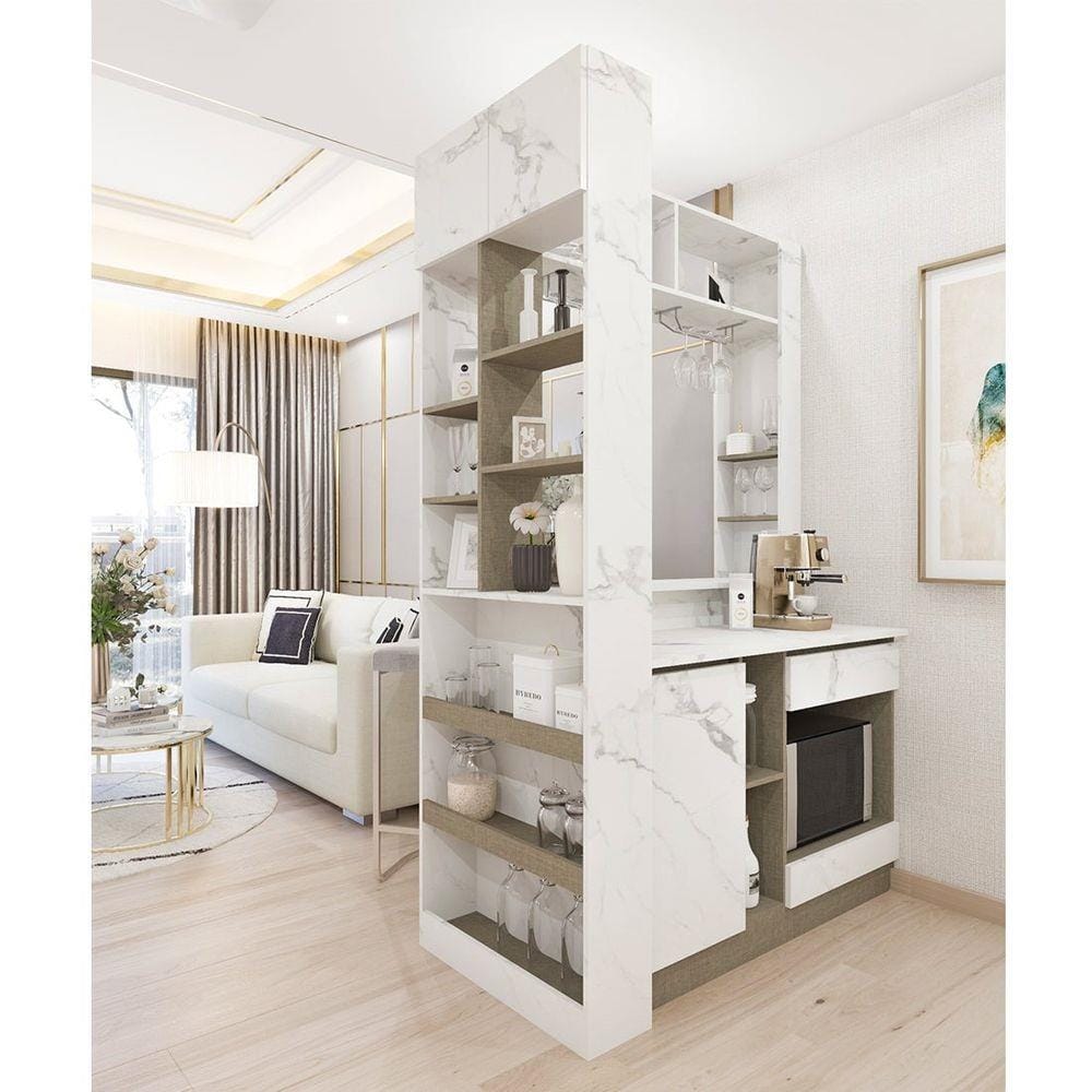เคาน์เตอร์บาร์ชั้นวางฝั่งขวา SB FURNITURE LANA 19210601 140 ซม. ลายหินอ่อนขาว