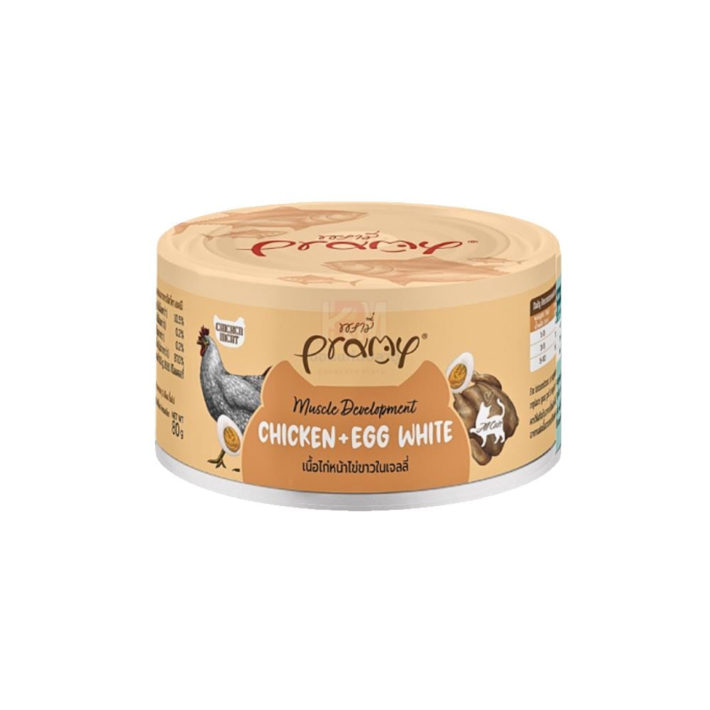 อาหารเปียกแมว PRAMY CHICKEN MEAT TOPPING EGG WHITE IN JELLY 80 ก.