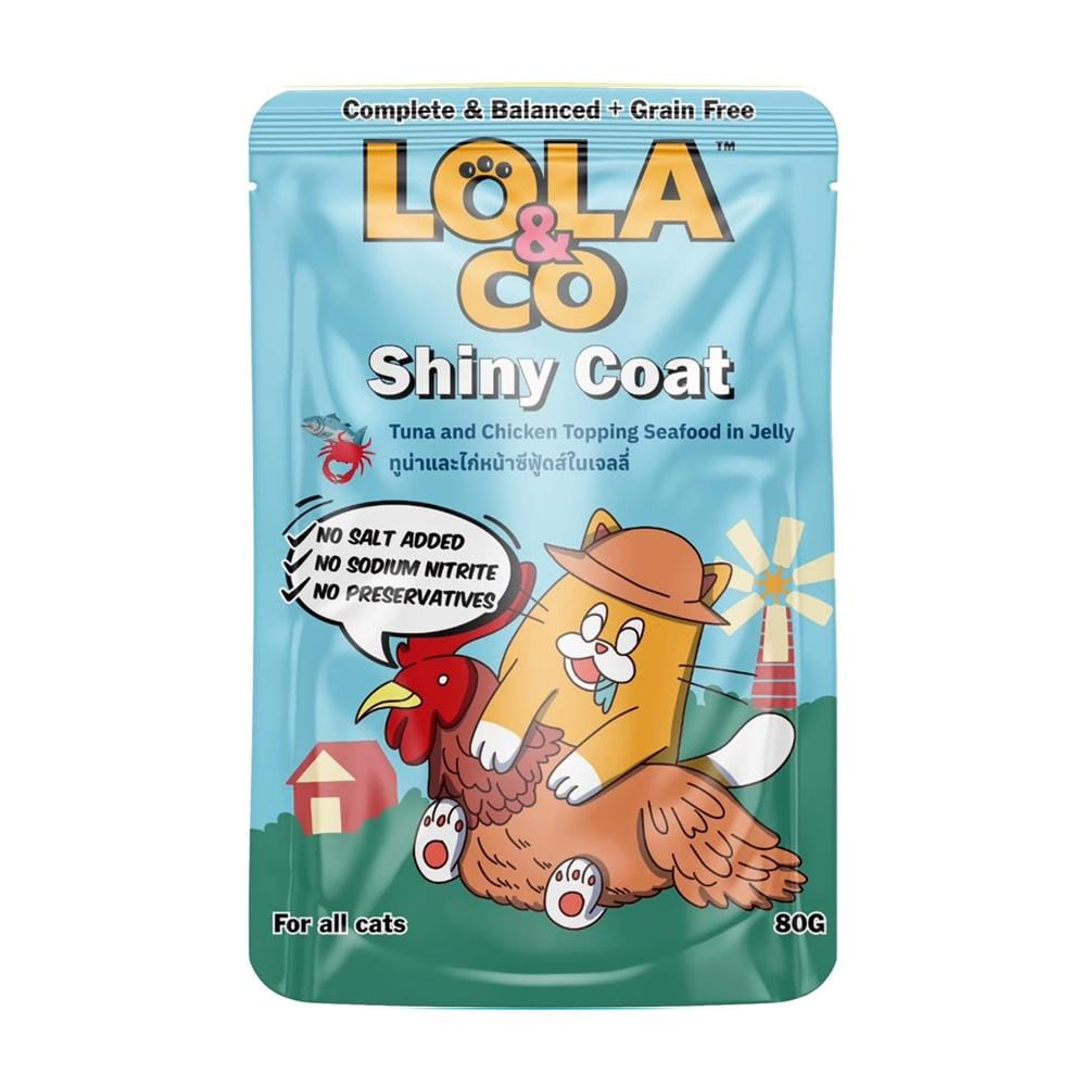 อาหารเปียกแมว LOLA&CO SHINY COAT TUNA AND CHICKEN TOPPING SEAFOOD IN JELLY 80 ก.