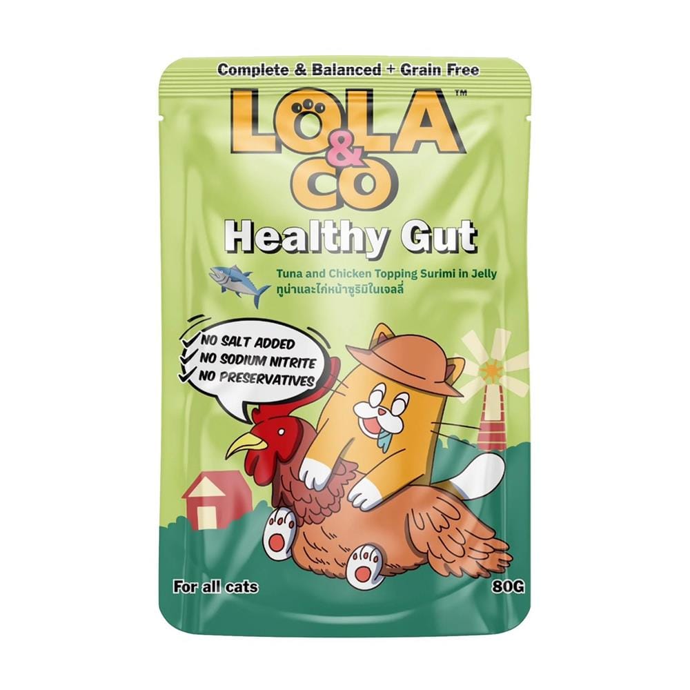 อาหารเปียกแมว LOLA&CO HEALTHY GUT TUNA AND CHICKEN TOPPING SURIMI IN JELLY 80 ก.