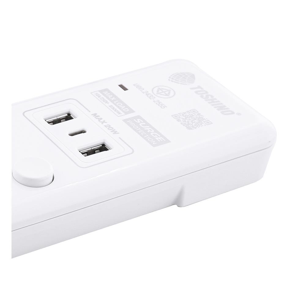 รางปลั๊กไฟ 5 ช่อง 5 สวิตช์ 2 USB 1 TYPE C TOSHINO WY-53 3 ม. สีขาว
