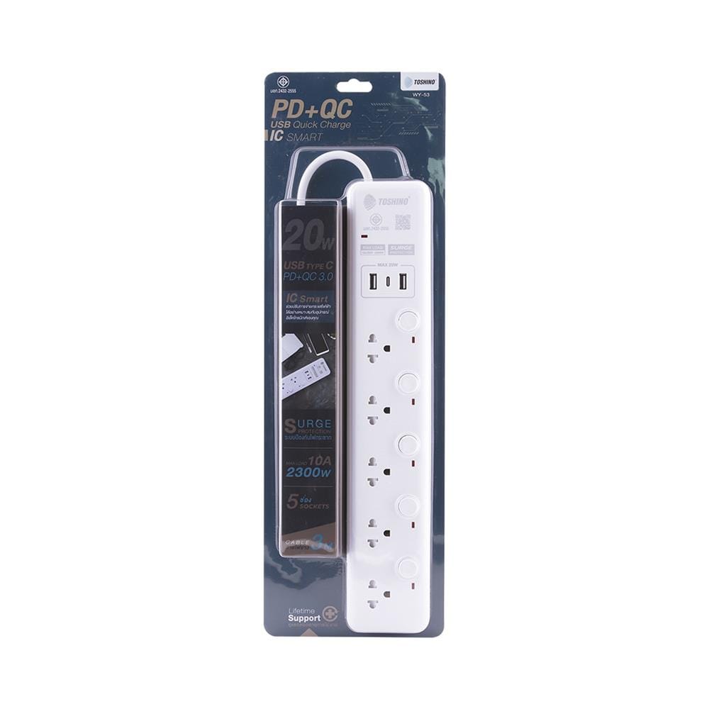 รางปลั๊กไฟ 5 ช่อง 5 สวิตช์ 2 USB 1 TYPE C TOSHINO WY-53 3 ม. สีขาว