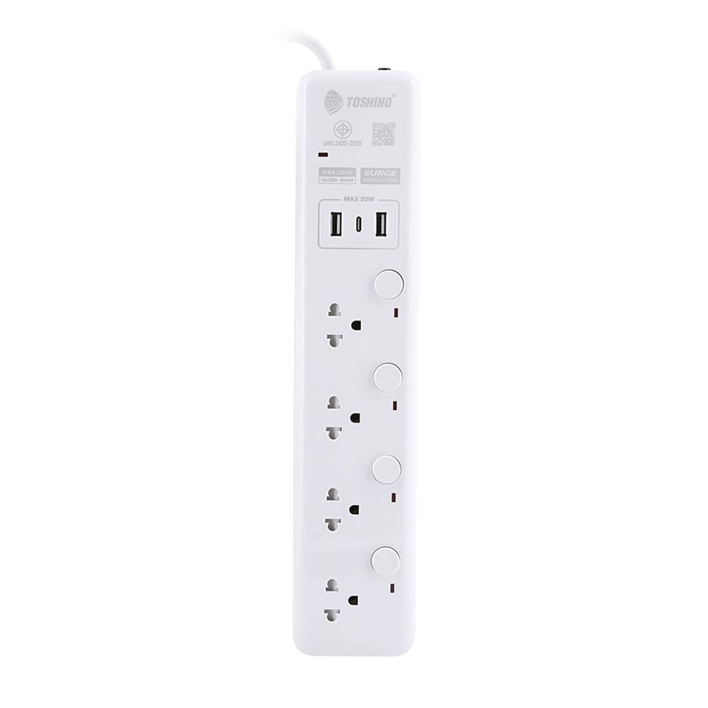 รางปลั๊กไฟ 4 ช่อง 4 สวิตซ 2 USB 1 TYPE C TOSHINO WY-43 3 ม. สีขาว