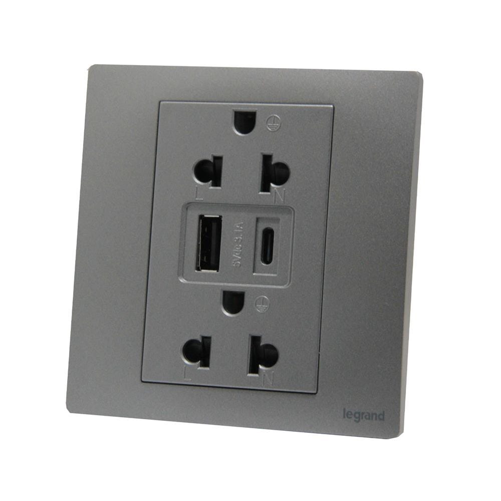 ชุดเต้ารับคู่ 3 ขา พร้อม USB A 1 ช่อง TYPE C 1 ช่อง BTICINO MALLIA SENSES S281204DS สีเทา
