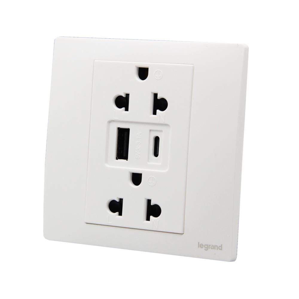 ชุดเต้ารับคู่ 3 ขา พร้อม USB A 1 ช่อง TYPE C 1 ช่อง BTICINO MALLIA SENSES S281204MW สีขาว