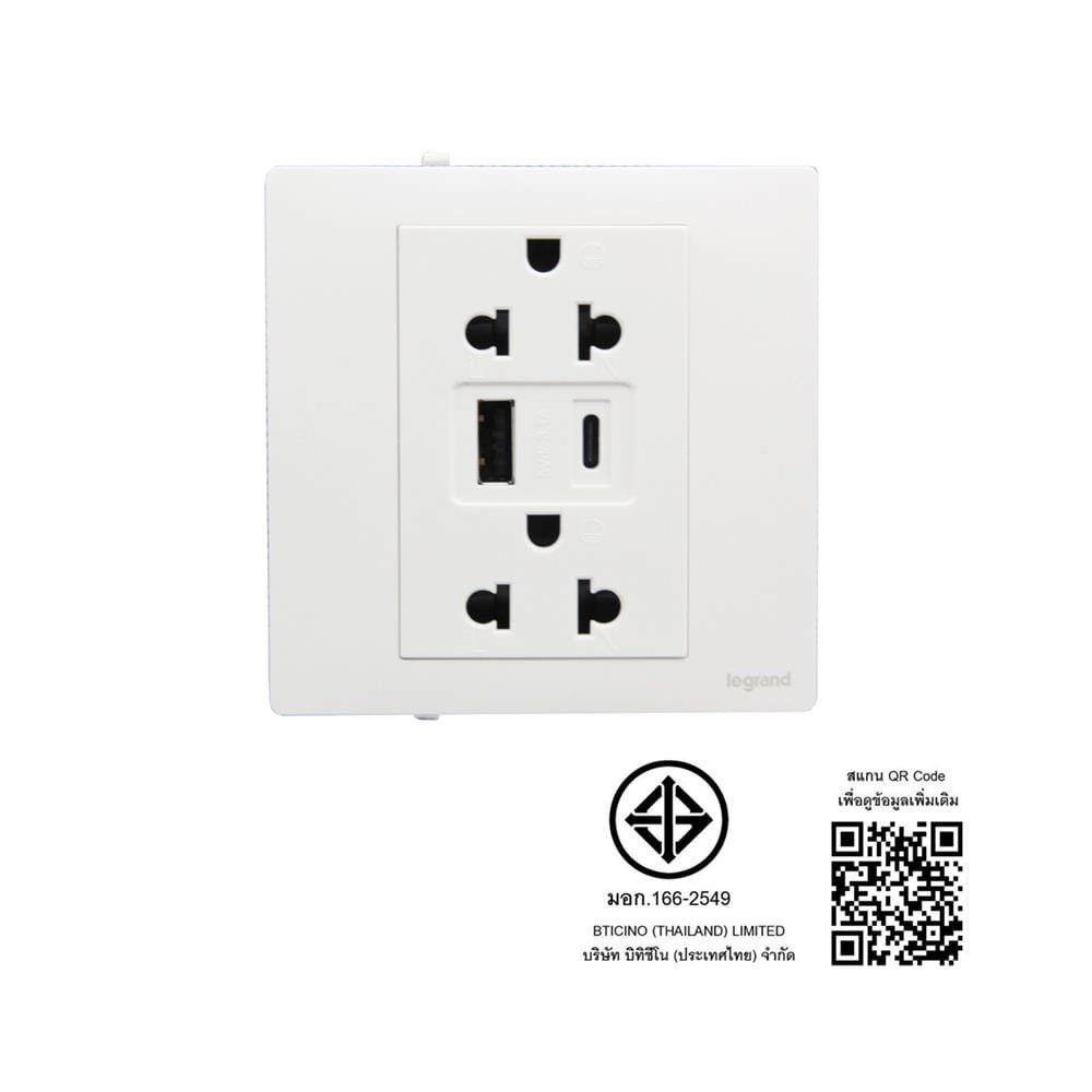 ชุดเต้ารับคู่ 3 ขา พร้อม USB A 1 ช่อง TYPE C 1 ช่อง BTICINO MALLIA SENSES S281204MW สีขาว
