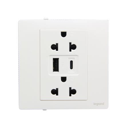 ชุดเต้ารับคู่ 3 ขา พร้อม USB A 1 ช่อง TYPE C 1 ช่อง BTICINO MALLIA SENSES S281204MW สีขาว_0