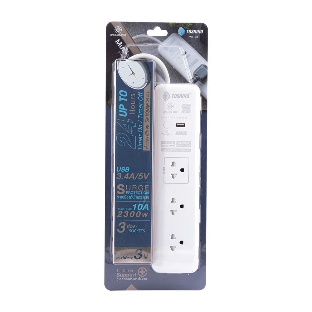 รางปลั๊กไฟ TIMER 3 ช่อง 1 สวิตซ์ 1 USB 3.4A TOSHINO WT-33 3 เมตร