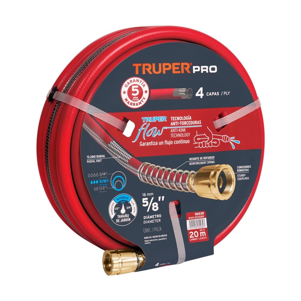 สายยางม้วน PVC 4 ชั้น พร้อมข้อโลหะ TRUPER 16035 5/8 นิ้ว 20 ม. สีแดง